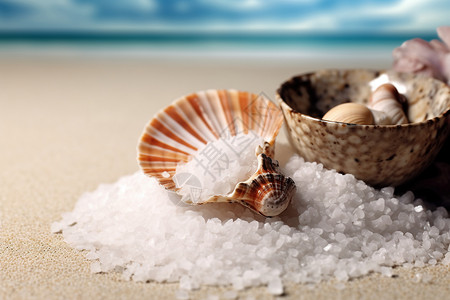 蜗牛停留在海盐和贝壳在海滩上设计图片
