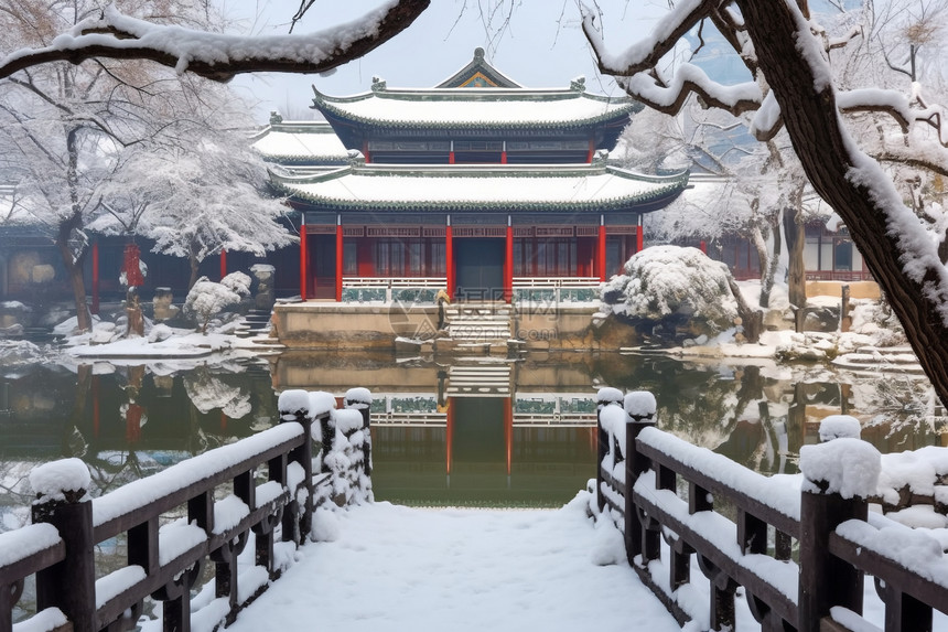 古建筑雪景图片