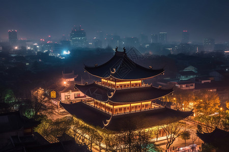 夜晚的塔楼风景线高清图片