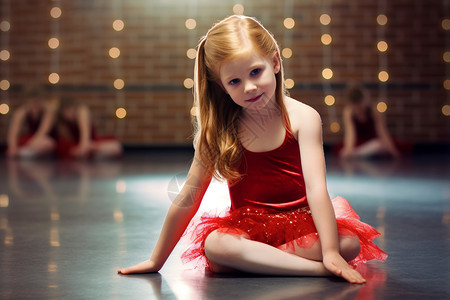 小女孩坐在舞蹈室地上图片