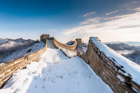 白雪覆盖的宏伟古城墙建筑背景图片