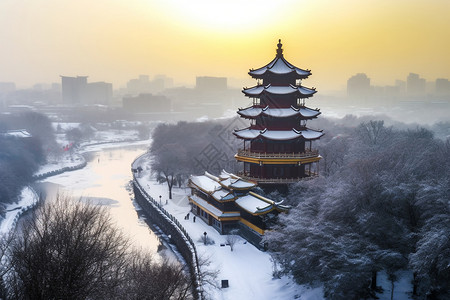 白茫茫的塔楼雪景背景图片