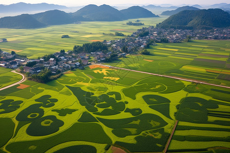 稻田和住宅区俯瞰乡村的农田背景
