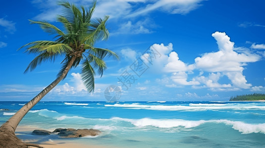 蓝天白云沙滩椰子树背景图片