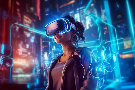 科技装备VR眼镜下的科幻世界插画