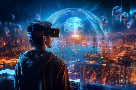 AR虚拟现实看到的科幻景观插画