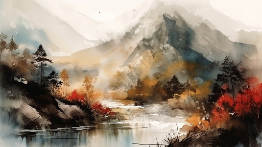 秋季山水风景画背景图片
