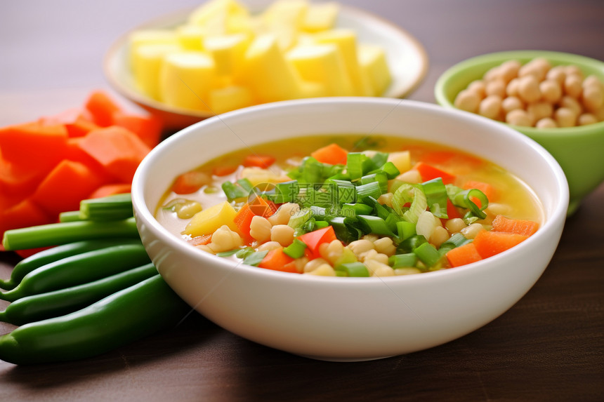 一碗美味的汤和配菜图片
