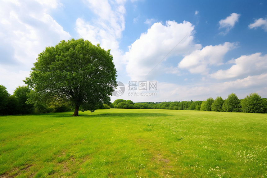 晴朗天空下的草地树木图片