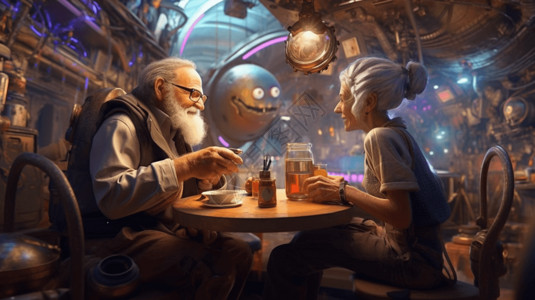 夫妻吃饭未来世界的老人插画