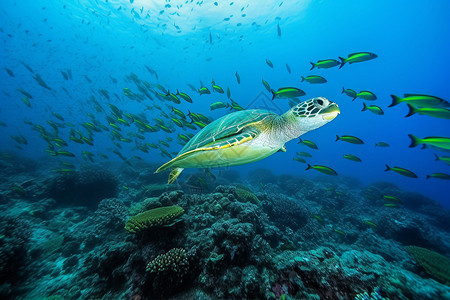 海底的海龟和鱼群图片
