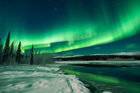 冬天冰岛绿色的北极光图片设计图片