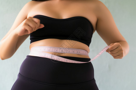 肥胖的女人测量腰围背景图片