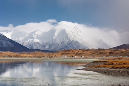 雪山与天池风景背景图片