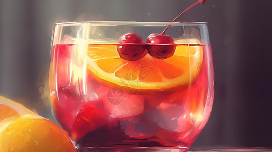 点缀着一片柠檬和樱桃的水果酒图片