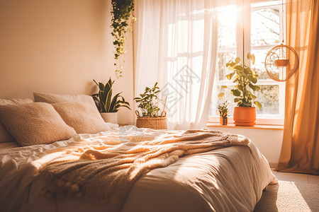 卧室中的阳光和舒适的床图片