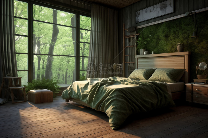 宁静的森林边的一间卧室图片