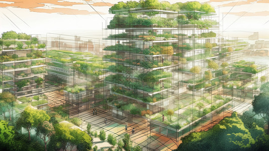 城市模拟科幻虚拟的农业城市大楼插画