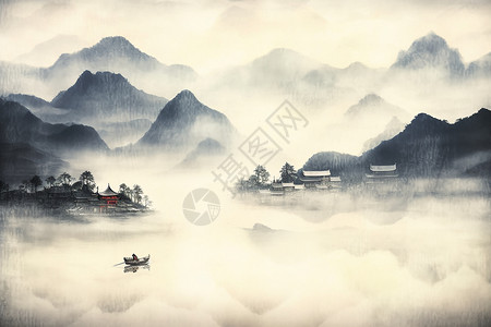 仙境湖水墨中式风景插画