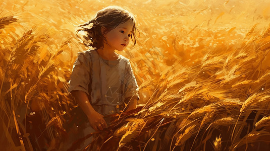 在小麦田地里的孩子图片