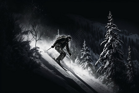 滑雪者冲下陡峭的斜坡图片