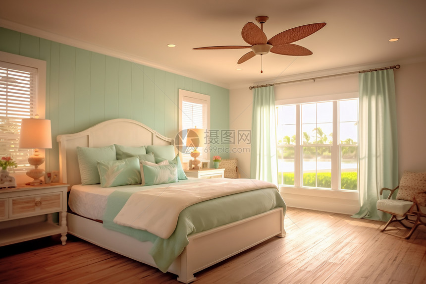 绿色装饰的温馨卧室图片