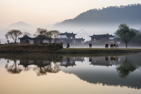 古屋美丽的清晨乡村风景背景