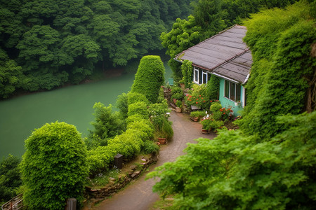 湖边树木小屋院子图片