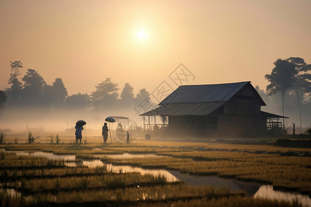 清晨的水稻田图片