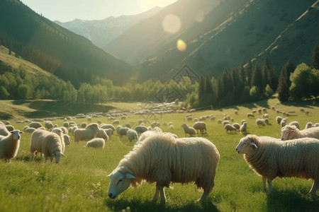 阳光下牧场和羊群背景图片