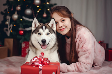 圣诞节的女孩和哈士奇背景图片