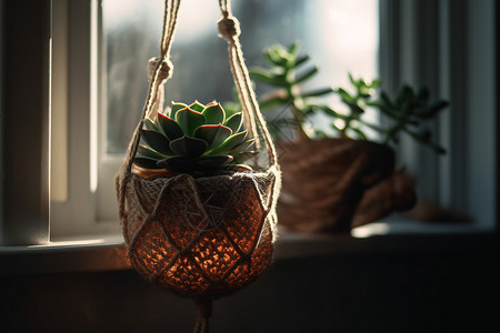 波西米亚编织袋的盆栽背景图片