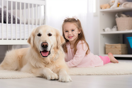 宠物托儿所小女孩和金毛猎犬背景