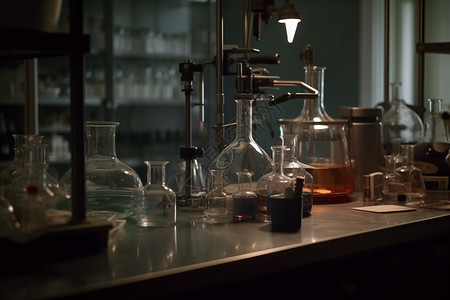 实验室工作台实验室的玻璃器皿背景