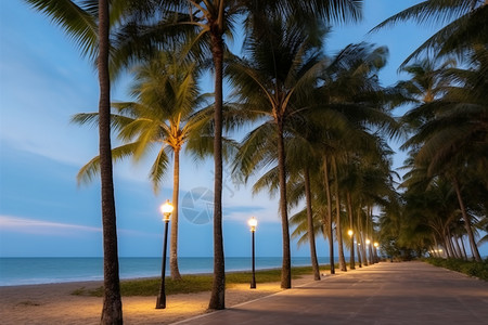 晚上路灯闪亮的街道晚上海边的椰子树设计图片
