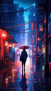 撑伞背影雨夜撑伞的人插画