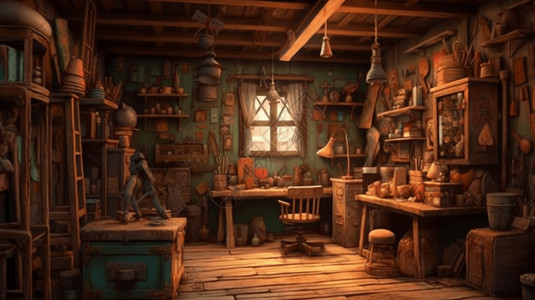 木头房堆满工具的木工房插画