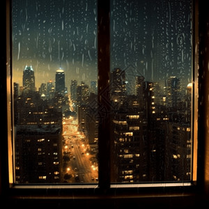 卡通景色窗外被小雨笼罩的城市背景