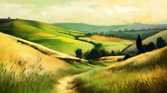 连绵山丘绿意盎然的乡村插画