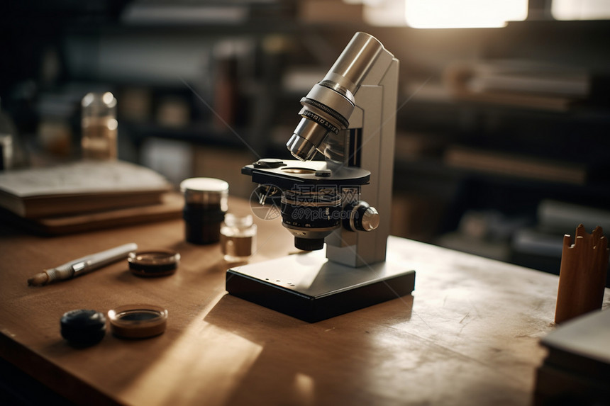 木制实验台的显微镜图片