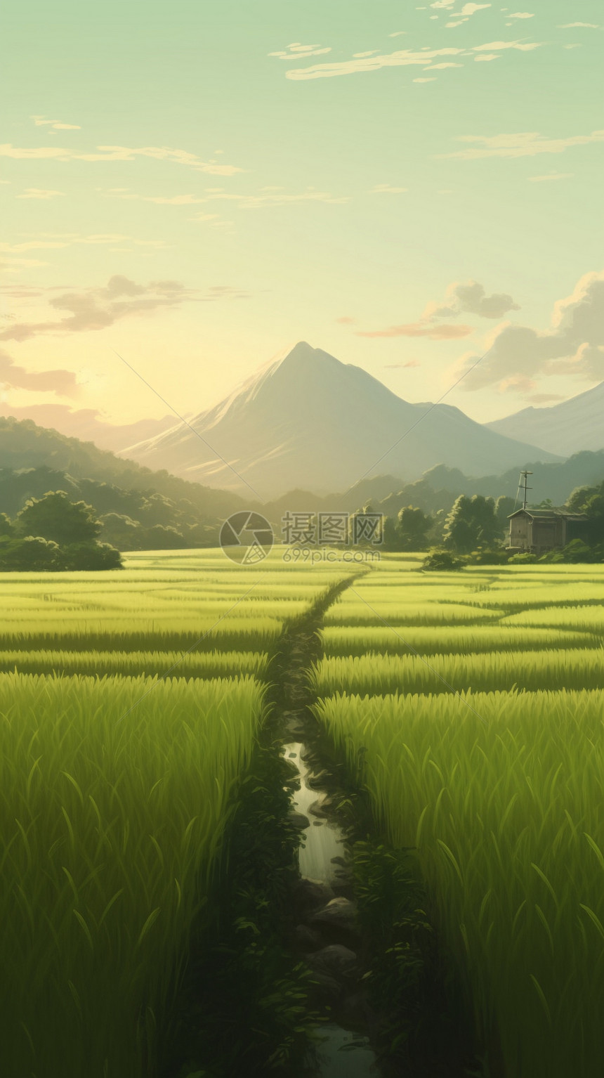 稻田和遥远的山脉图片