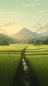 遥远的路稻田和遥远的山脉插画
