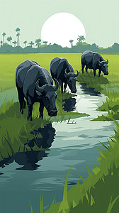 动物饮水水牛在稻田中饮水插画