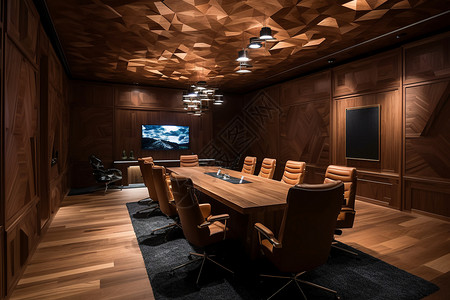 会议室与古朴的木墙背景图片