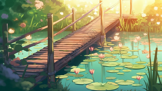夏日的池塘和小桥高清图片