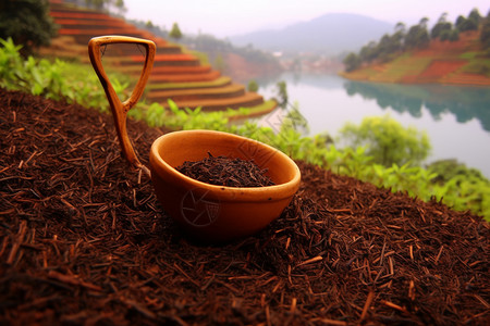 在田野里的一个粘土碗里装着黑茶背景