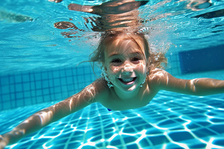 一个年轻的女孩在游泳池中游泳高清图片