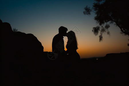 夕阳下的情侣剪影背景图片