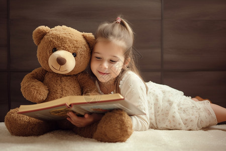 坐着看书的小熊泰迪熊陪女孩看书背景