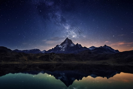 星空倒影山峰上的星空背景